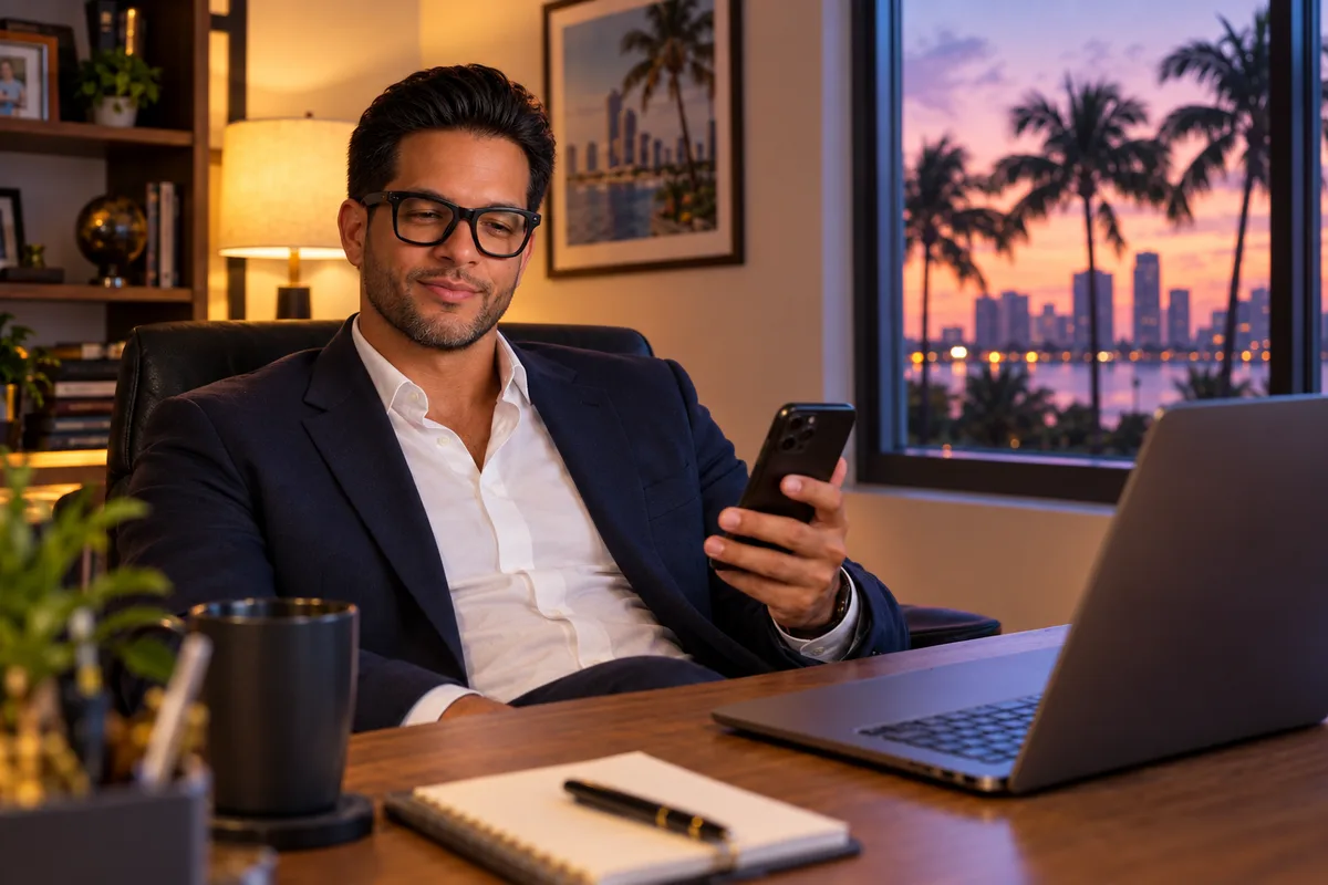 An insurance agent checking his phone in an office at sunset