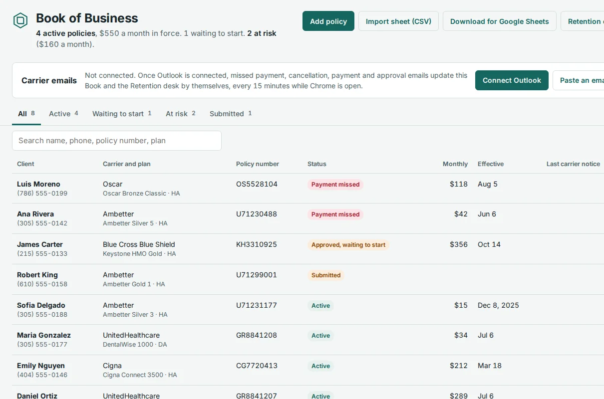 Book of Business screen: a table of policies with carrier, plan, monthly premium and status such as Active, Payment missed and Waiting to start