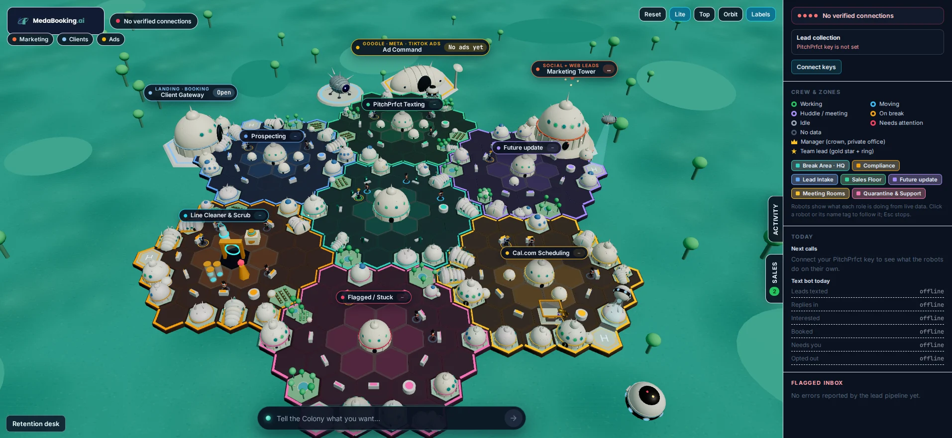 MedaBooking.ai Colony preview: pipeline districts, robots and dashboard panels. The reserved district is marked Future update.